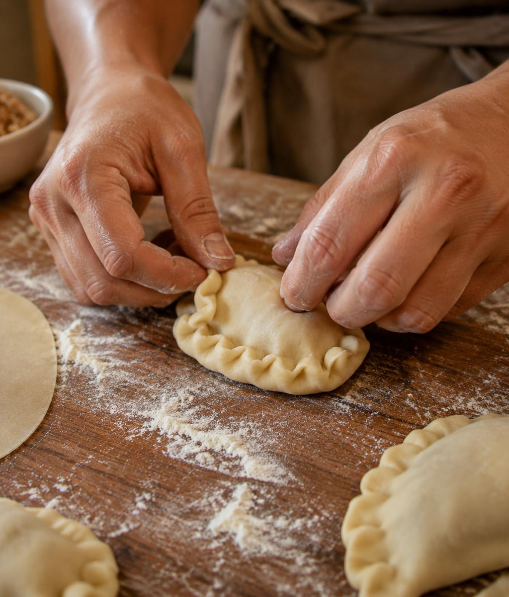 Hands crimping fresh empanada dough
