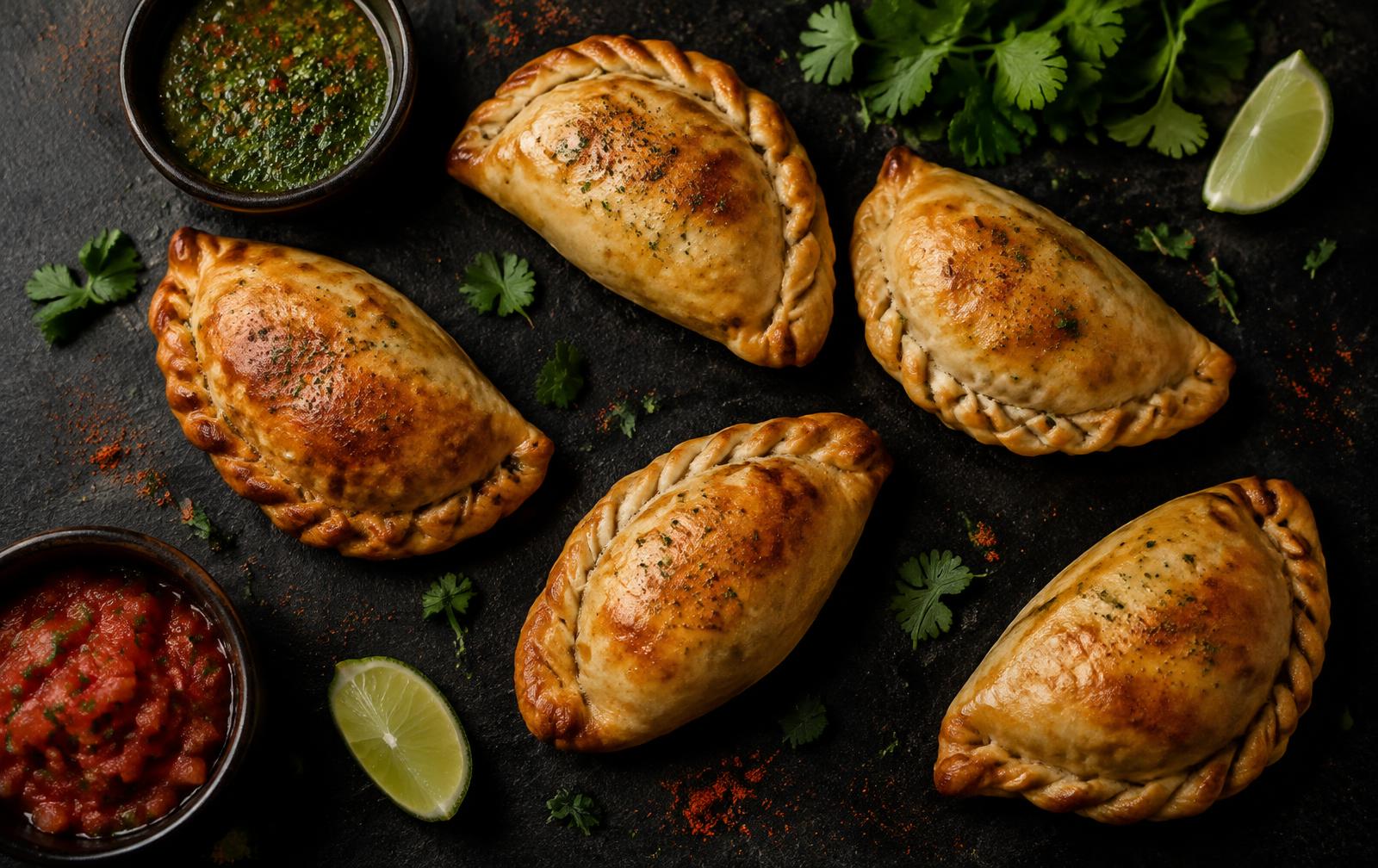 Golden handcrafted empanadas with chimichurri and salsa